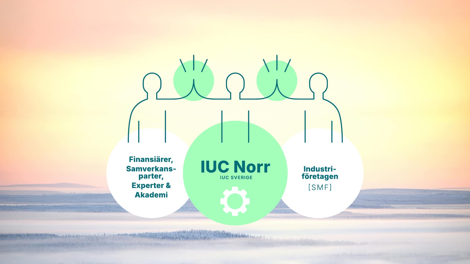 Modell: IUC Norr i mitten, som länk mellan industrin till höger och till vänster finansiärer, akademi och andra samverkansparter